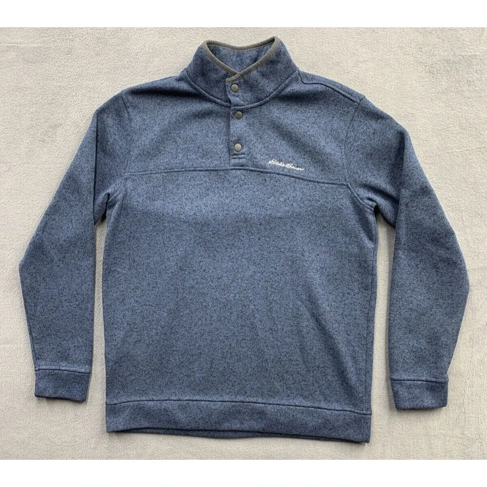 Eddie Bauer Sweater Adult Men Large Dark Blue Fleece Henley Pullover Snap Button